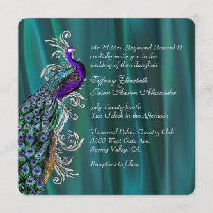 Elegant Blauwgroen Satin en Peacock Wedding Invita Kaart
