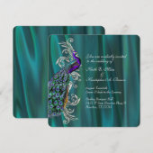 Elegant Blauwgroen Satin en Peacock Wedding Invita Kaart (Voorkant / Achterkant)