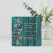 Elegant Blauwgroen Satin en Peacock Wedding Invita Kaart (Staand voorkant)