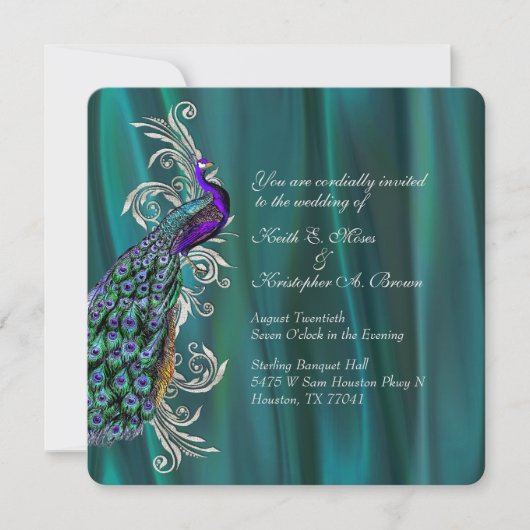 Elegant Blauwgroen Satin en Peacock Wedding Invita Kaart (Voorkant)