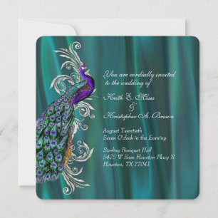Elegant Blauwgroen Satin en Peacock Wedding Invita Kaart