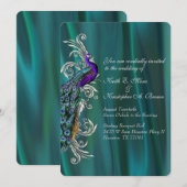 Elegant Blauwgroen Satin en Peacock Wedding Invita Kaart (Voorkant / Achterkant)