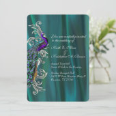 Elegant Blauwgroen Satin en Peacock Wedding Invita Kaart (Staand voorkant)