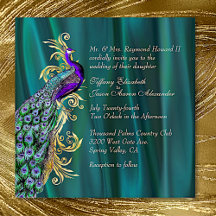 Elegant Blauwgroen Satin en Peacock Wedding Invita