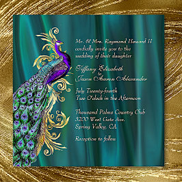 Elegant Blauwgroen Satin en Peacock Wedding Invita Kaart