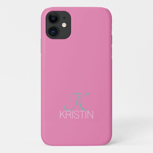 Elegant Blauwgroen Script Monogram & Naam, Roze Case-Mate iPhone Case (Achterkant)