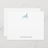 Elegant Blauwgroen Script Monogram Notitiekaartje (Voorkant / Achterkant)