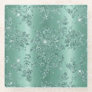 Elegant Blauwgroen Silver Glitter Design Glazen Onderzetter