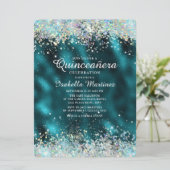 Elegant Blauwgroen Silver Glitter Quinceañera Kaart (Staand voorkant)