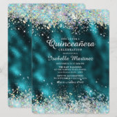 Elegant Blauwgroen Silver Glitter Quinceañera Kaart (Voorkant / Achterkant)