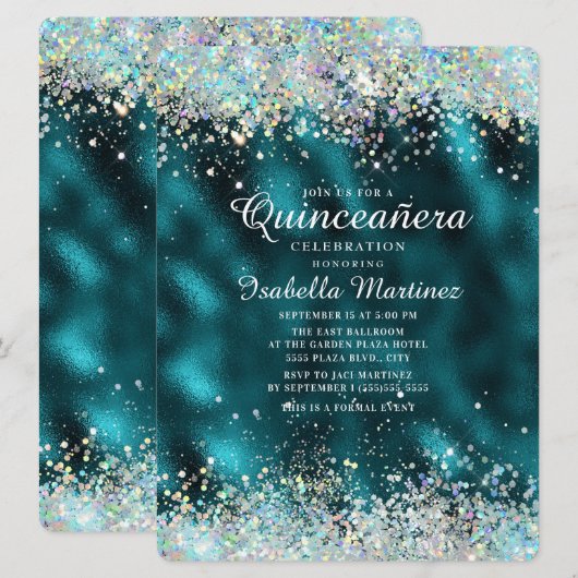 Elegant Blauwgroen Silver Glitter Quinceañera Kaart (Voorkant / Achterkant)