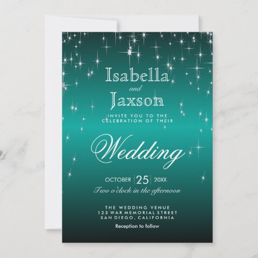 Elegant Blauwgroen Star Lights Wedding Invitation Kaart (Voorkant)