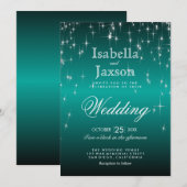 Elegant Blauwgroen Star Lights Wedding Invitation Kaart (Voorkant / Achterkant)