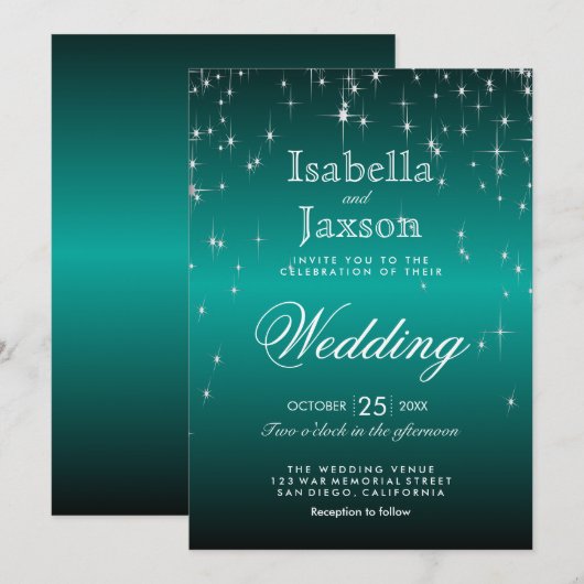 Elegant Blauwgroen Star Lights Wedding Invitation Kaart (Voorkant / Achterkant)