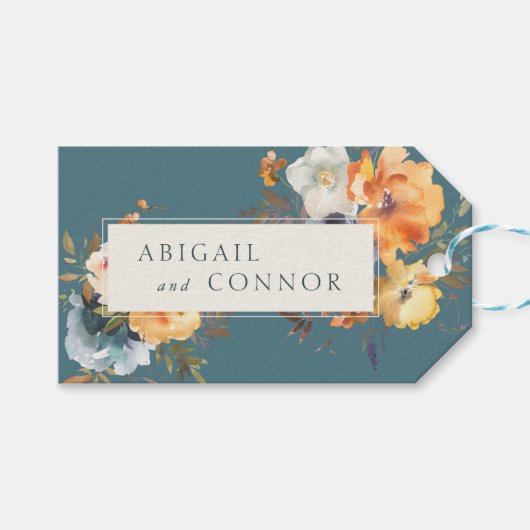Elegant Blauwgroen Terracotta Navy Boho Floral Cadeaulabel (Voorkant (Horizontaal))