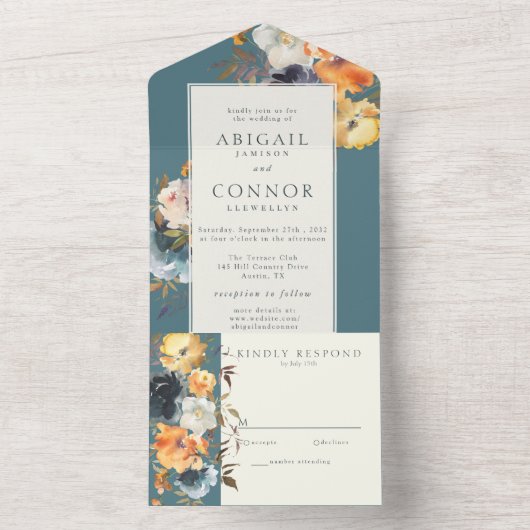 Elegant Blauwgroen Terracotta Navy Boho Floral in  All In One Uitnodiging (Binnen)