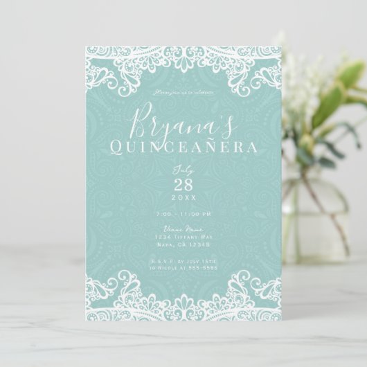 Elegant Blauwgroen Turquoise & Lace 15th Quinceañe Kaart (Staand voorkant)