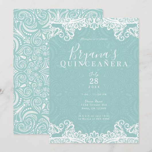Elegant Blauwgroen Turquoise & Lace 15th Quinceañe Kaart (Voorkant / Achterkant)