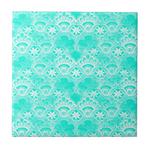 Elegant  Blauwgroen Turquoise Lace Damask Pattern Tegeltje