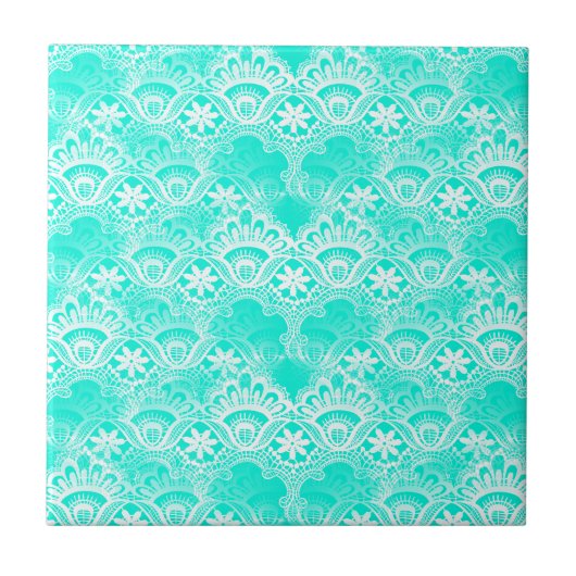 Elegant  Blauwgroen Turquoise Lace Damask Pattern Tegeltje (Voorkant)