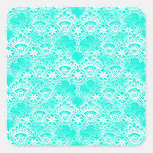 Elegant  Blauwgroen Turquoise Lace Damask Pattern Vierkante Sticker