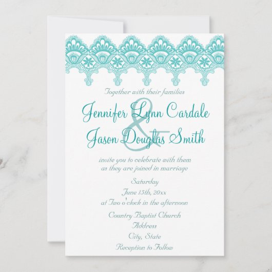 Elegant Blauwgroen Turquoise Lace Wedding Invitati Kaart (Voorkant)