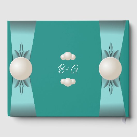 Elegant Blauwgroen & Turquoise Parel Lint Bruiloft Gastenboek (Achterkant)