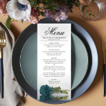 Elegant Blauwgroen Turquoise Roos Reflections Wedd Menu<br><div class="desc">Dit prachtige menu zal wat stijl aan uw trouwreceptie toevoegen. Het is een prachtig en romantisch ontwerp met één blauwgroen of turquoise gekleurd roos dat op zijn kant reflecteert in een pool van water met golven en rimpels. Er is ruimte voor de namen van het paar en de trouwdatum, en...</div>