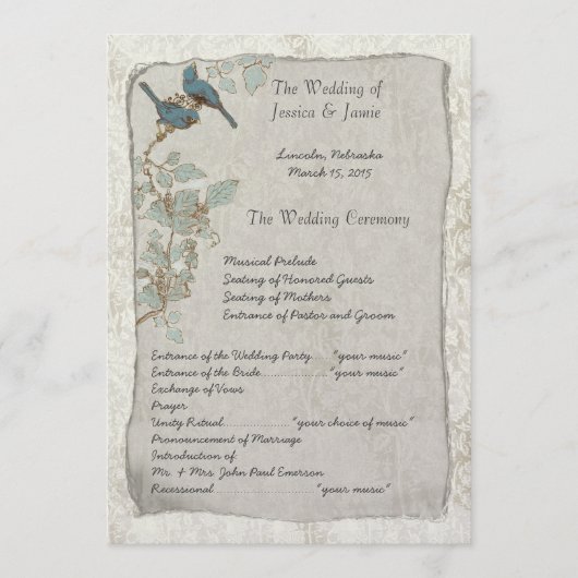 Elegant Blauwgroen vogelprogramma Damask Wedding Programmakaart (Voorkant)