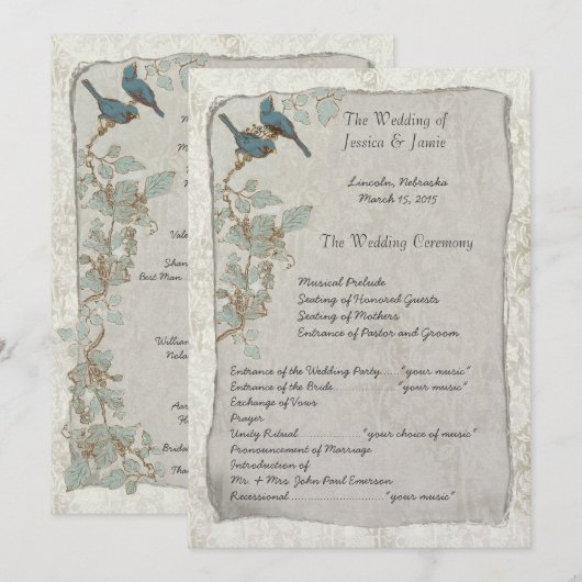 Elegant Blauwgroen vogelprogramma Damask Wedding Programmakaart (Voorkant / Achterkant)