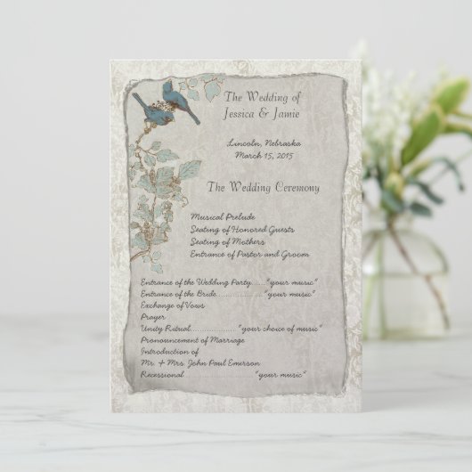 Elegant Blauwgroen vogelprogramma Damask Wedding Programmakaart (Staand voorkant)