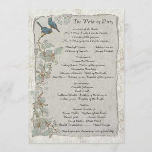Elegant Blauwgroen vogelprogramma Damask Wedding Programmakaart (Achterkant)