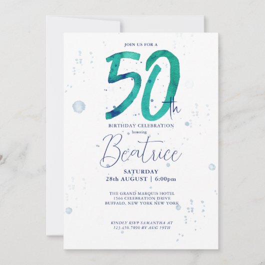 Elegant Blauwgroen Waterverf 50e verjaardag Kaart (Voorkant)