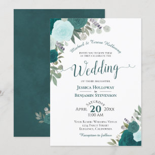 Elegant Blauwgroen Waterverf Floral Formal Wedding Kaart