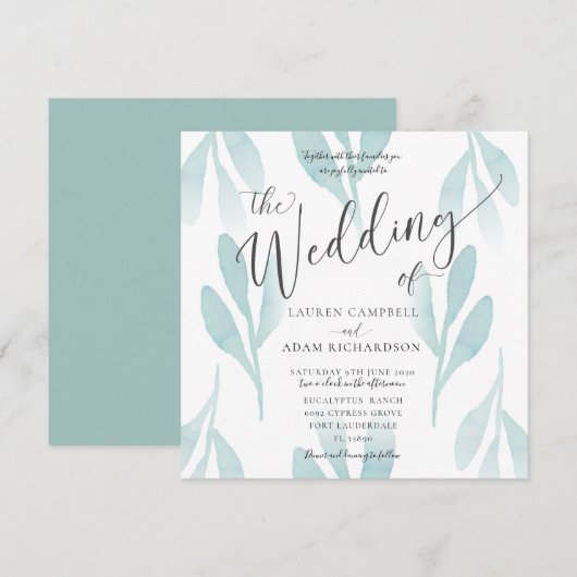 Elegant Blauwgroen Waterverf Foliage Wedding Uitno Kaart (Voorkant / Achterkant)
