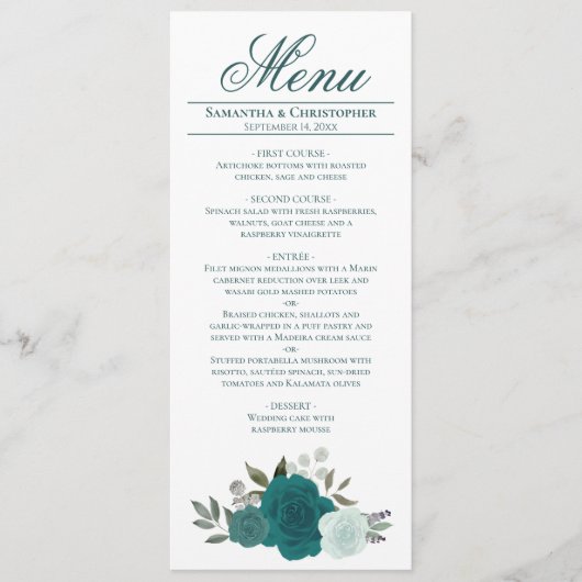 Elegant Blauwgroen Waterverf Rozen Boho Chic Weddi Menu (Voorkant)