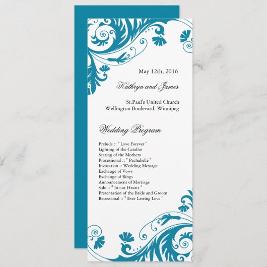 Elegant Blauwgroen Wedding Programs Programmakaart (Voorkant / Achterkant)