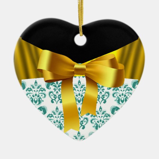 ELEGANT BLAUWGROEN WHITE DAMASK GOLD RIBBON MONOGR KERAMISCH ORNAMENT (Voorkant)