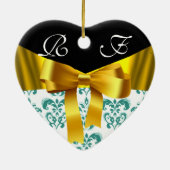 ELEGANT BLAUWGROEN WHITE DAMASK GOLD RIBBON MONOGR KERAMISCH ORNAMENT (Achterkant)