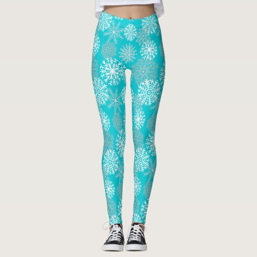 Elegant Blauwgroen Winter Snowflakes Holiday Kerst Leggings (Voorkant)