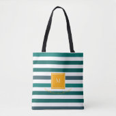 Elegant Blauwgroen Witte Striped Monogram Tote Bag (Voorkant)