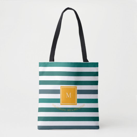 Elegant Blauwgroen Witte Striped Monogram Tote Bag (Voorkant)