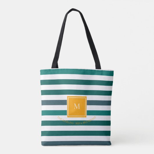 Elegant Blauwgroen Witte Striped Monogram Tote Bag (Achterkant)