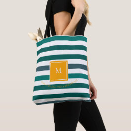 Elegant Blauwgroen Witte Striped Monogram Tote Bag