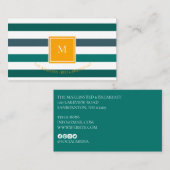 Elegant Blauwgroen Witte Striped Monogram Visitekaartje (Voorkant / Achterkant)