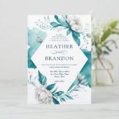 Elegant Blauwgroen Witte Waterverf Floral Peony We Kaart (Staand voorkant)