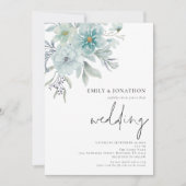 Elegant Blauwgroen Zee Mist Florals QR Code Wedden Kaart (Voorkant)