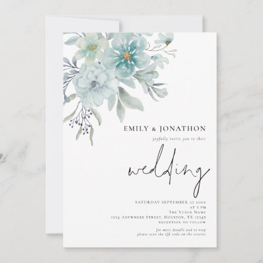 Elegant Blauwgroen Zee Mist Florals QR Code Wedden Kaart (Voorkant)