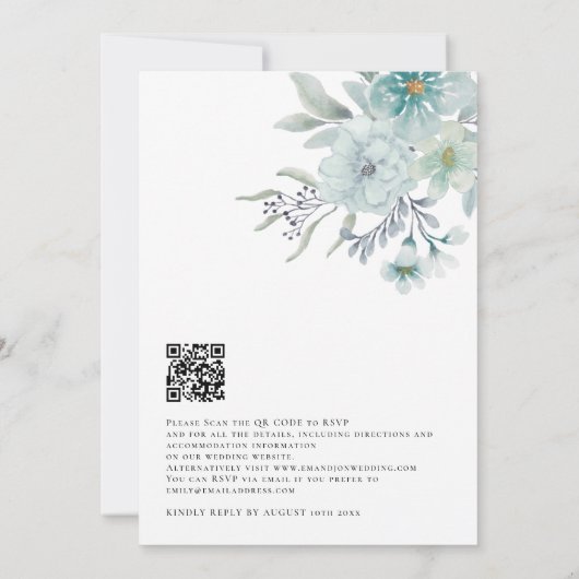 Elegant Blauwgroen Zee Mist Florals QR Code Wedden Kaart (Achterkant)