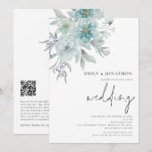 Elegant Blauwgroen Zee Mist Florals QR Code Wedden Kaart (Voorkant / Achterkant)